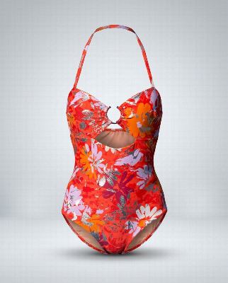 Product photo of a floral swimsuit, laid flat