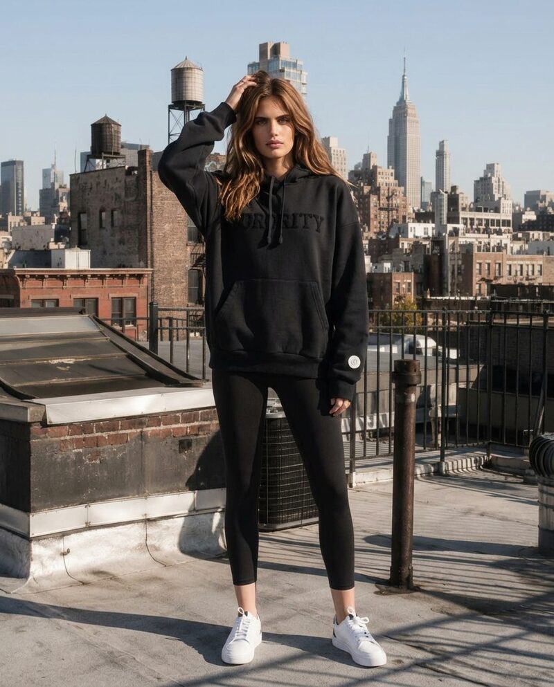 The same black sweatshirt worn by a model, in an urban setting, created in StudioMode